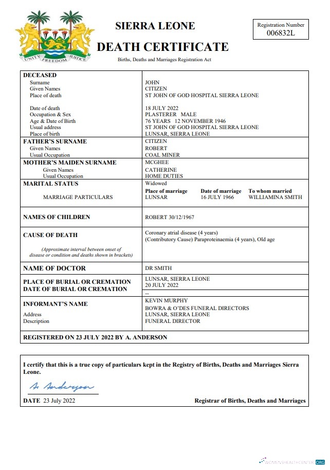 Download Sierra Leone death certificate Word and PDF template Photoshop template